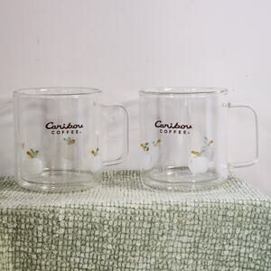 Caribou Coffee Fall Glass Mugs Set of 2 Clear Pumpkins Apples 14 oz Ltd Edition